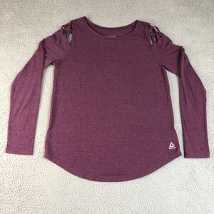 Reebok Shirt Womens Medium Purple Solid Athleisure Cold Shoulders‎ Tee Logo